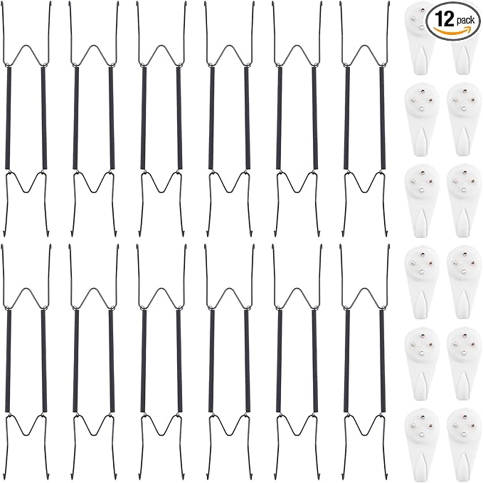Bilillo 12 Pack Spring Plate Hangers for The Wall, Invisible Heavy Duty Wire Holders with 12 Pcs Wall Hooks, Fit 16"–20" Decorative Plates, Platters, Dishes, Black Stainless Steel