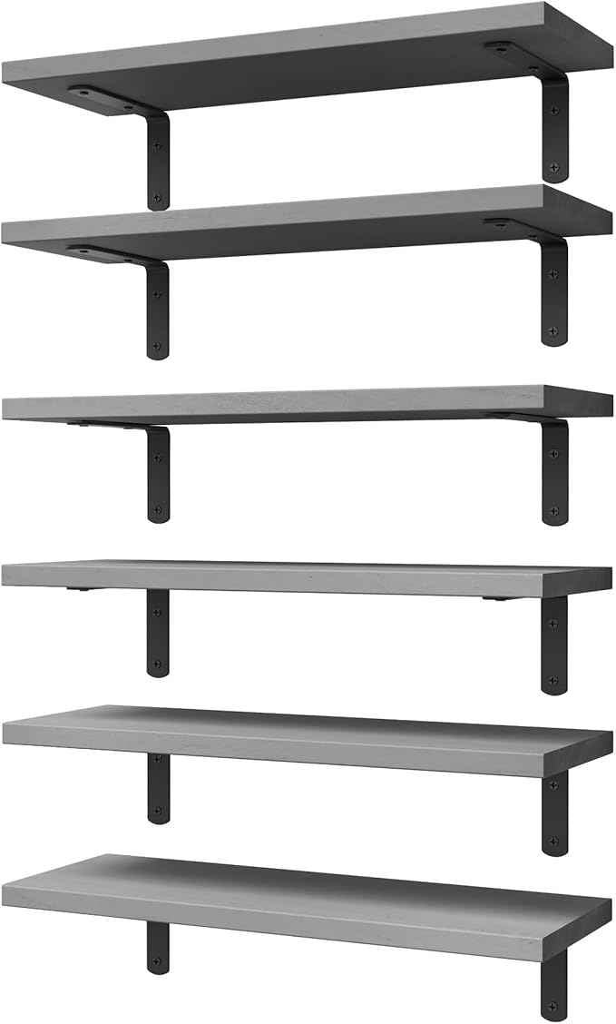 WOPITUES Wood Floating Shelves Set of 6, Shelves for Wall Decor, Farmhouse Shelf for Bedroom, Bathroom Storage Shelves, Book Shelves for Living Room-Grey