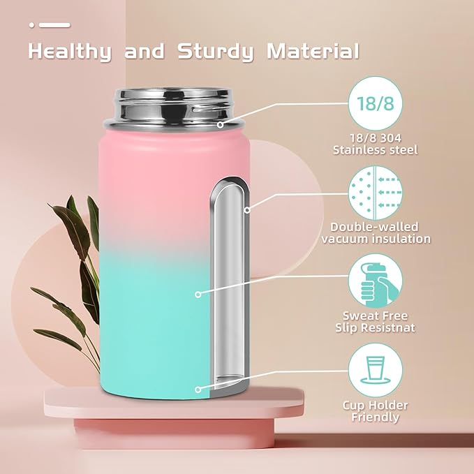 Volhoply 14oz KIds Water Bottle with Straw Lid and Silicone Boot Bulk 2 Pack,Stainless Steel Insulated Cups for Boys & Girls Multipack,Double Wall Vacuum Leakproof Bottles(Pink Green,2)