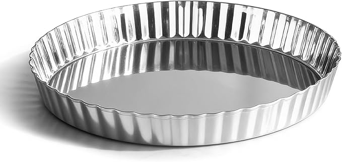 TeamFar Tart Pan, 9.5 Inch Stainless Steel Round Tart Pie Pan, Metal Quiche Baking Dish with Fluted Side for Baking Fruit Tarts, Quiches, Pies, Mousse Cakes, Heavy Duty & Dishwasher Safe