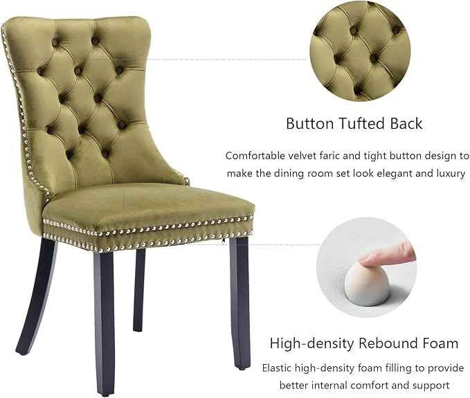 Velvet Dining Chairs Set of 2, Upholstered Dining Room Chairs with Back Ring Pull Trim and Solid Wood Legs,Tufted Wingback Kitchen Chairs for Dining Room,Living Room,Kitchen(Olive Green)