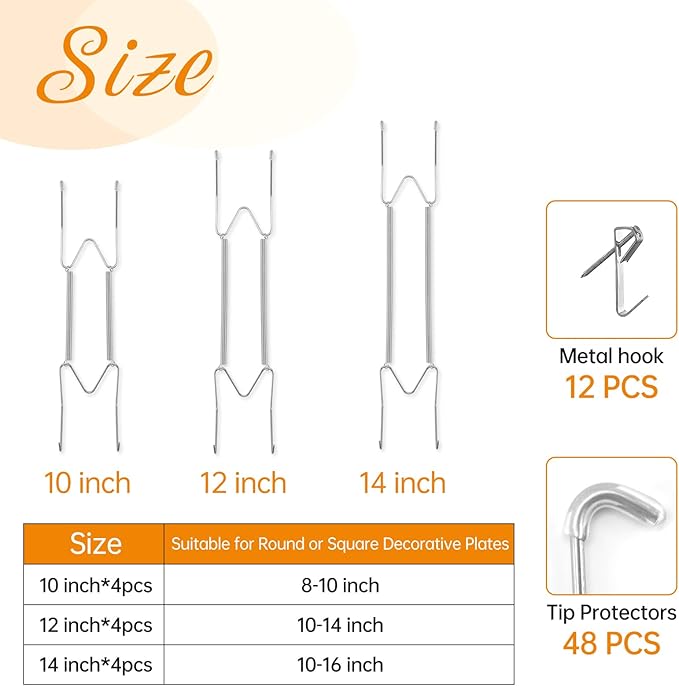 Bilillo 12 Pieces Invisible Wall Plate Hangers 10/12/14 Inches Wall Plate Hangers Stainless Steel Decorative with 12 Pieces Hook with Nails Suitable for 8-16 inch Decorative Antique and Arts(Silver)