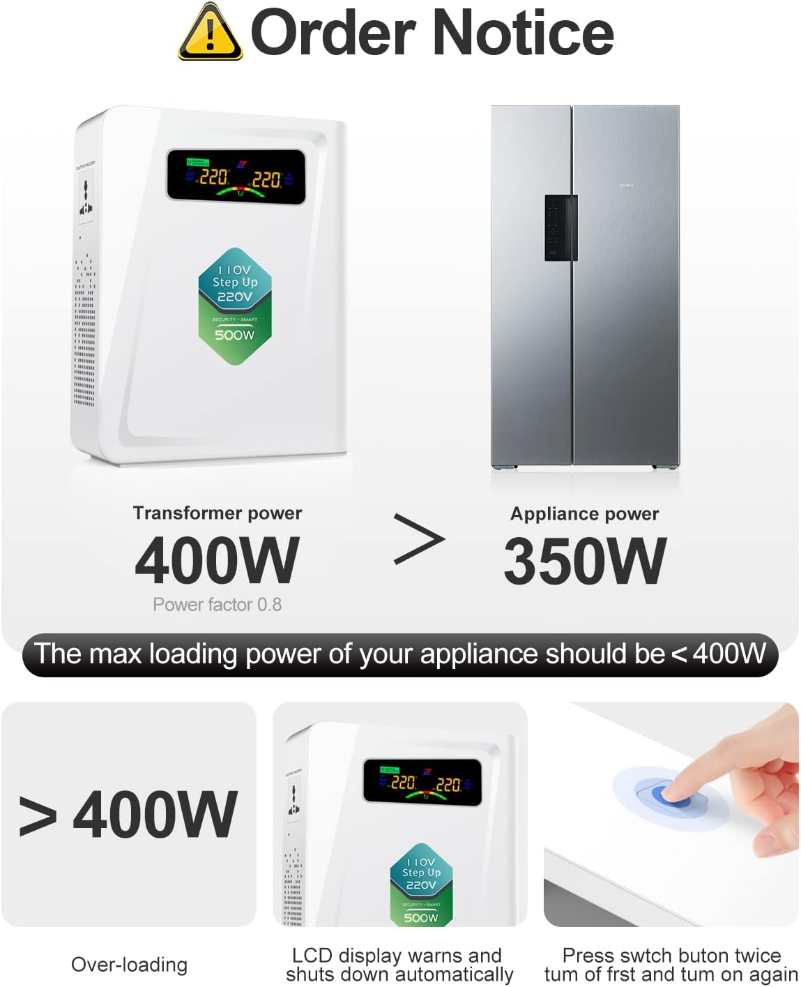 Voltage Converter 110 to 220 Step Up Transformer 500W, No Noise, Ten Protection Functions, CE & CQC Certified ，Using 220V Asia Euro Appliance in US