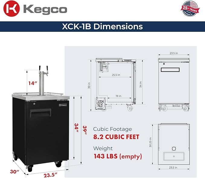 Kegco XCK-1B-2 24" Dual-Tap Commercial Kegerator – Stainless Steel Draft Beer Dispenser, Holds Full or Slim Kegs