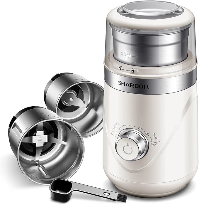 SHARDOR Electric Super Silent Blade Coffee Grinder, Timed Grind Control Rotary Knob, Adjustable Coarse to Fine for Coffee Beans, Spices & Herbs, with 2 Removable Stainless Steel Bowl, Cream