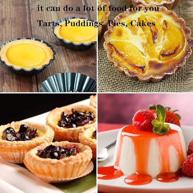 RICHSC-PAN Egg Tart Molds, 12 PCS Non-Stick Very Mini Tart Pans, Mini Tart Mold 3 InchTop, 1.7 Inch Bottom, 0.9Inch High, Carbon Steel, Kitchen Reusable Baking Tools.