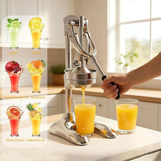 Manual Juicer Hand Press - Heavy Duty Stainless Steel Citrus Juicer Squeezer, Commercial Cold Press for Lemon, Orange, Pomegranate, Professional Metal Fruit Juicer, Easy to Clean