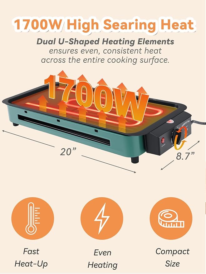 Indoor Grill Smokeless, 1700W Electric Grill Inside House for Kitchen Table, Apartment, Compact Korean BBQ Grill with Non-Stick Cooking Removable Griddle Plate, 7 Temperature Control, Dishwasher Safe