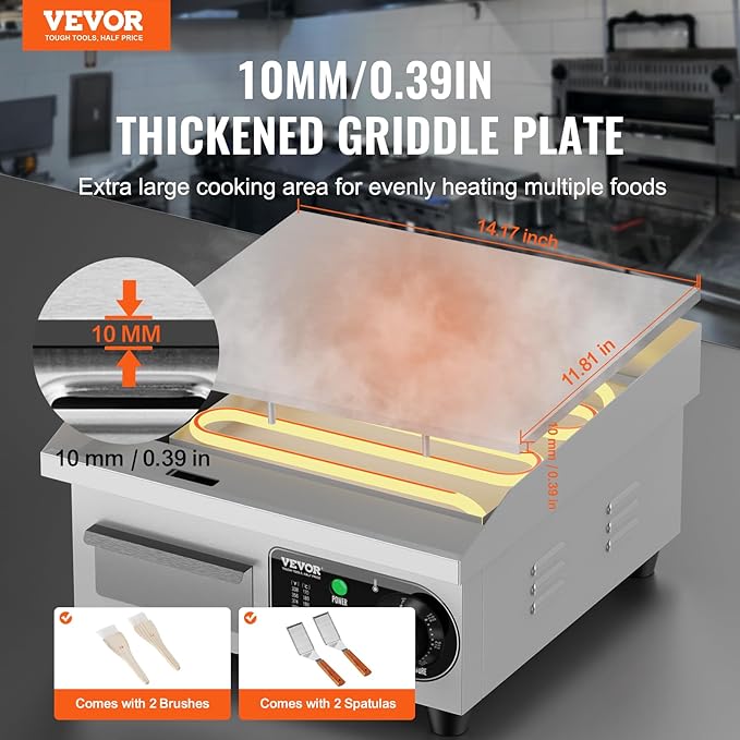 VEVOR Commercial Electric Griddle, 1700W Countertop Flat Top Grill, 14in Stainless Steel Griddle Grill with 2 Shovels and 2 Brushes for Home or Restaurant, 122℉-572 ℉ Adjustable Temp