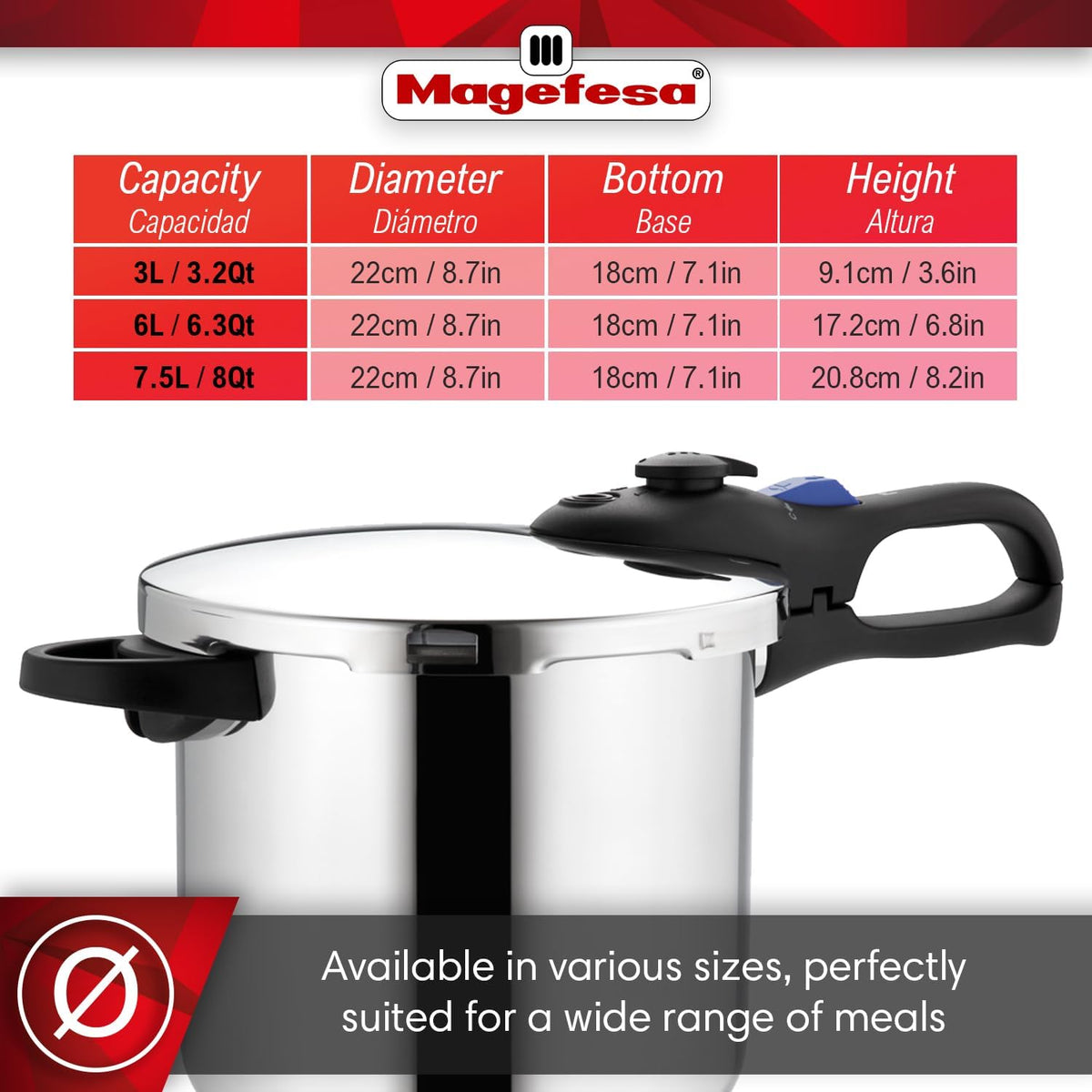 MAGEFESA Favorit Six Fast-Cooking Pressure Cooker Set, 3.2 Qt & 6.3 Qt, Stainless Steel, Induction Compatible, Heat Diffuser Base, 5 Safety Systems – Special Edition (Steam Basket, Lid & Recipe Book)