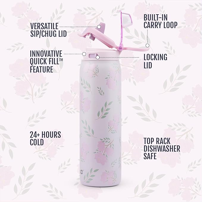 Ello Pop & Fill 22oz Stainless Steel Water Bottle with QuickFill Technology, Double Walled and Vacuum Insulated Metal, Leak Proof Locking Lid, Straw and Chug, Reusable, BPA Free, Blossom Bliss