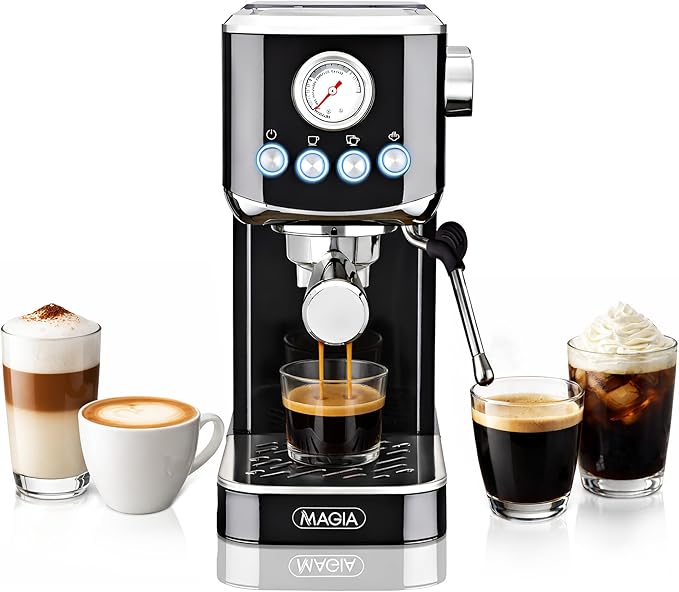 Zulay Kitchen Magia Compact Espresso Machine – 20 Bar Coffee Maker with Milk Frother Steam Wand, Latte & Cappuccino Maker, 1350W Fast Heating, 40oz Removable Water Tank, Stainless Steel – Black