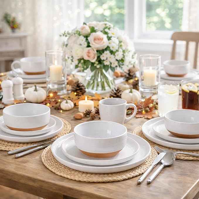AmorArc Ceramic Dinnerware Sets for 4, 12 Pieces Handpainted Plates and Bowls Set with Rustic Terracotta Underside, Scratch Resistant Stoneware Dishes Set, Dishwasher & Microwave Safe, White