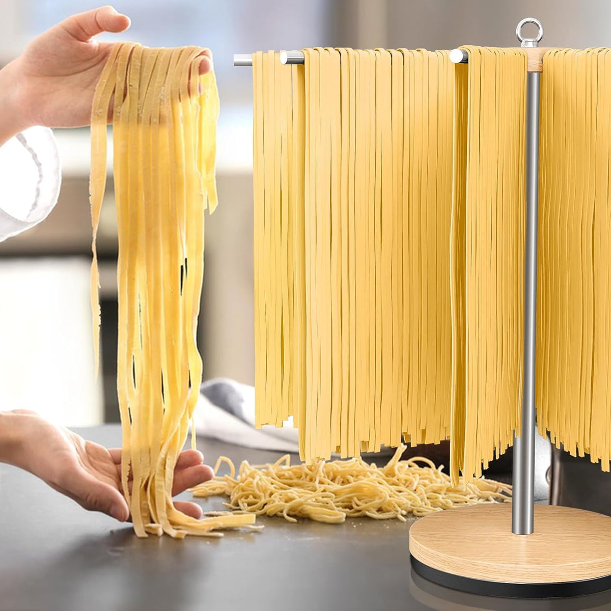 Pasta Drying Rack, Rotatable 304 Stainless Steels Pasta Rack with Handle, Detachable Stand Noodles Drying Hanger for Homemade Fresh Spaghetti, Tagliatelle, Fettuccine
