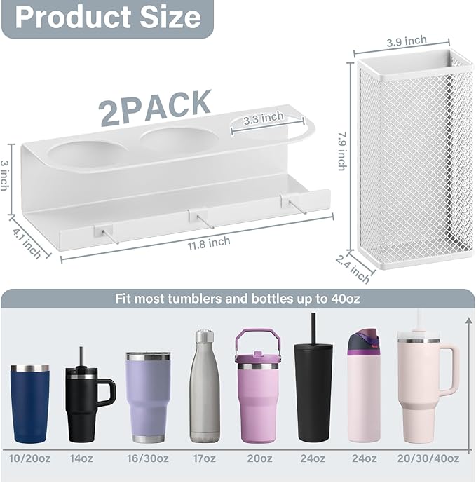 Magnetic Cup Holder For Stanley 20/30/40oz - 2 Pack Tumbler Organizer for Stanley - Water Bottle Organizer for Fridge with Straw Basket & 6 Hooks for Tumbler Cup Lids Accessories Organization White