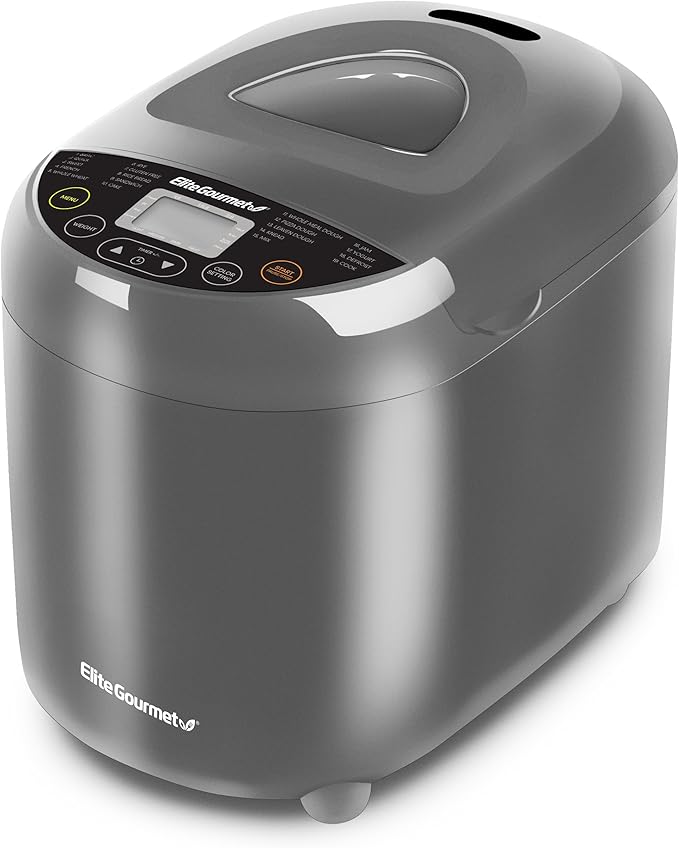 Elite Gourmet Programmable Bread Maker with PFAS-Free CERALAST™ Ceramic Pan, 2 lb Loaf, 19 Presets incl. Gluten-Free, 3 Sizes, Delay Timer, Gray