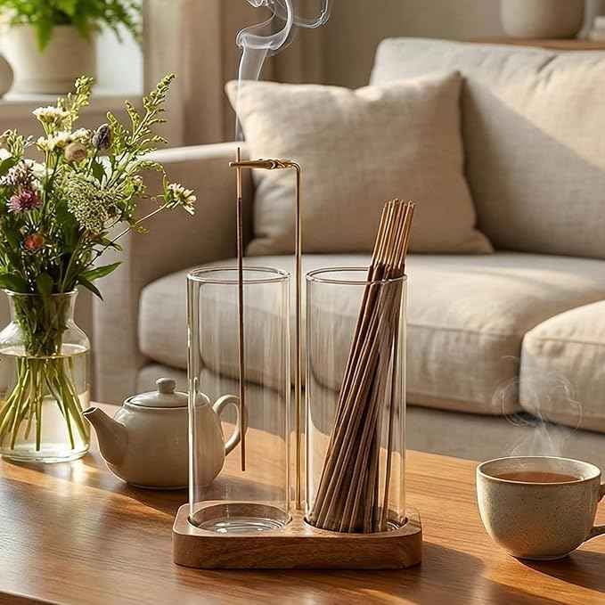 Ceremony Incense Holder, 2 in 1 Wooden Incense Holder for Sticks with 20 Incense Sticks, Anti-ash Incense Burner with Glass Ash Catcher, Wood Incense Holder 20 Stick (2 Glass Rectangle Base)