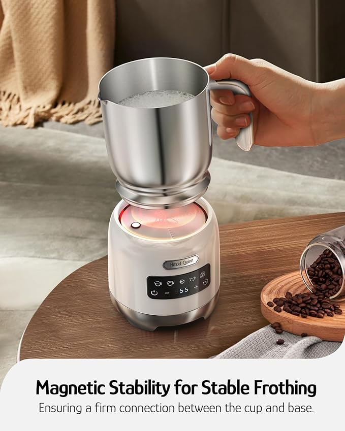 Hazel Quinn Milk Frother and Steamer, Variable Temp and Thickness, Detachable for Dishwasher Safe, 400ml / 13.5oz Milk Warm for Hot & Cold Latte, Cappuccino Hot Chocolate - Pearl White