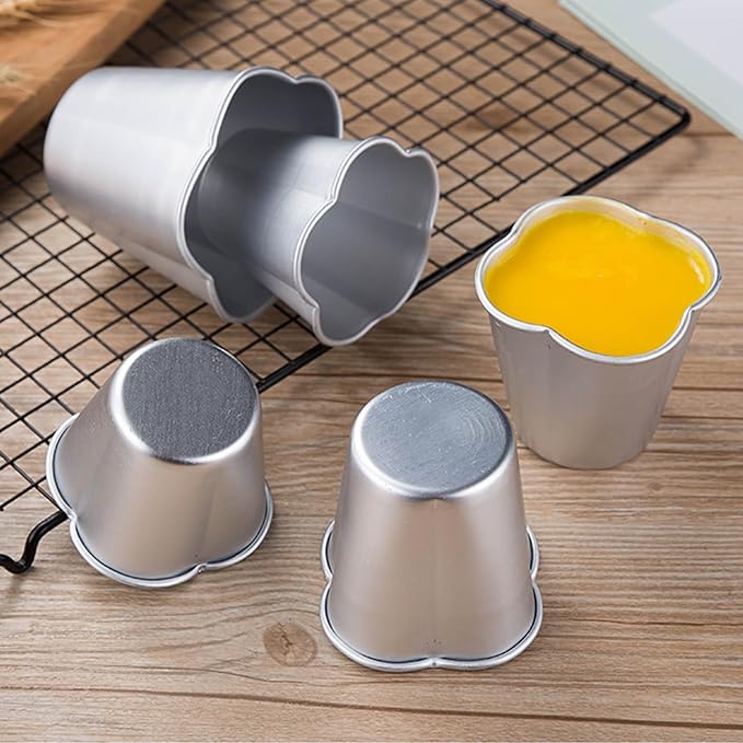 6 Pcs Popover Pan, Aluminium Pudding Tin Cup Baking Maker, Individual Muffin Chocolate Molten Brownie Tumbler Raspberry Souffle Cupcake Pudding Mould - Five-Petaled Flower Shape 3"x 2.4"