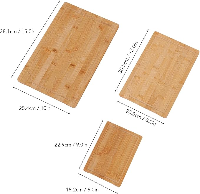Chopping Boards,3PCS Natural Wood Cutting with Juice Grooves Inner Handles Multi Purpose Kitchen Prep Boards