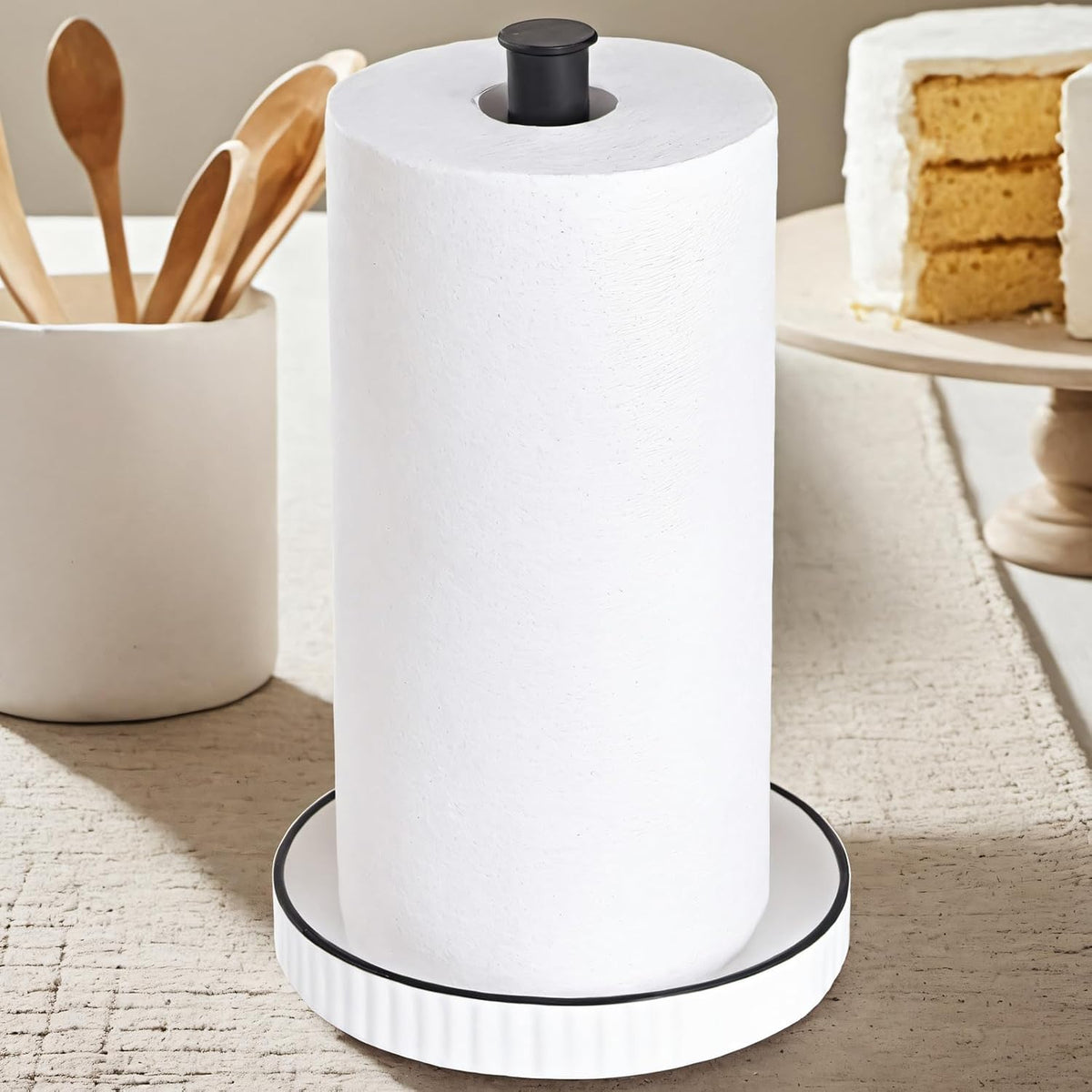 VROOMIUM Black Paper Towel Holder Countertop, Ceramic Base Easy-to-Clean, 1.4 lbs, 7" B x 12.5" H, Stable Elegant and Durable Kitchen Roll Stand