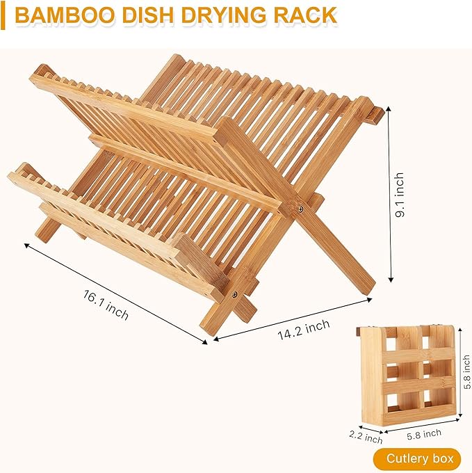 Bamboo Dish Drying Rack, 2 Tier Collapsible Dish Rack with Utensil Holder, Wooden Dish Drying Rack for Kitchen Counter, Large Folding Drying Holder, Dish Drainer 34 pcs Grid