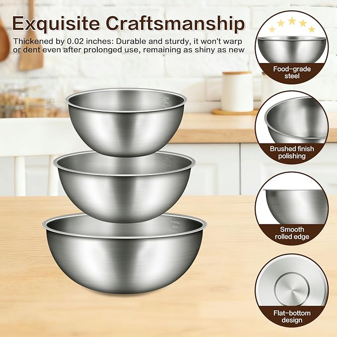 Gronivex Stainless Steel Mixing Bowls Set of 3 (1.5, 2.2, 3.4 Qt) - Food Grade 304, Nesting Design, Dishwasher Safe for Baking, Salad Prep & Cooking
