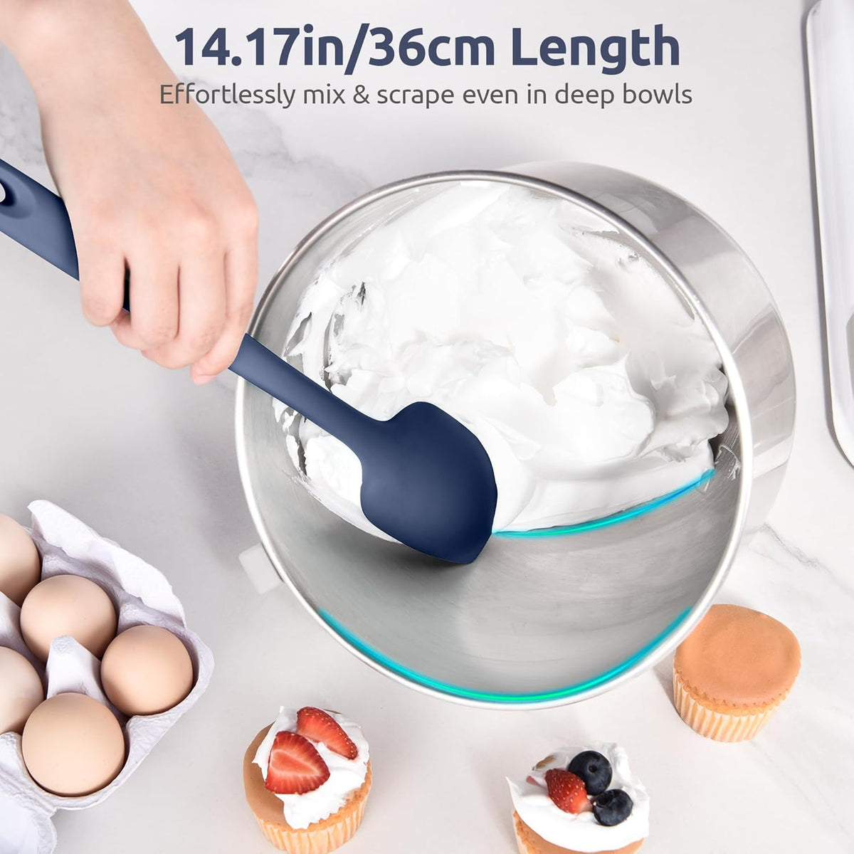 U-Taste Extra-Long 600ºF Heat Resistant Spatula Spoon: 14" Silicone Spoonula Cooking Utensils for Kitchen Use, Non-Stick Scoop Scraper with Soft Edge & Firm Core for Mixing, Serving (Midnight Blue)