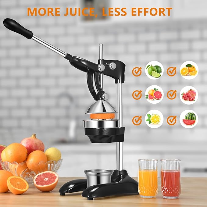 TONGCHANT Cast Iron Juicer, 19" Tall Heavy Duty Citrus Press with Dual Pattern | Manual Juicer for Orange Lemon Pomegranate, Easy to Clean, Stainless Steel Cup, Black