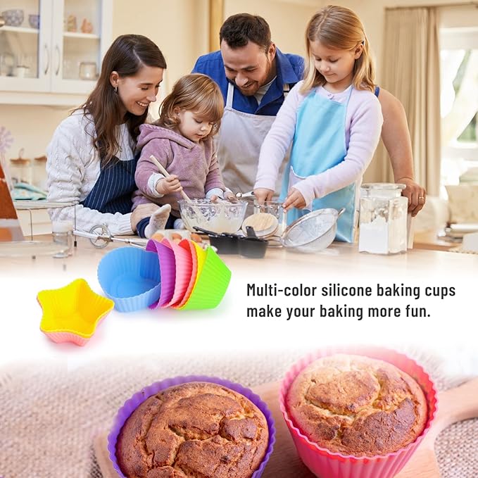 Silicone Cupcake Liners for Baking, 24Pcs Reusable Muffin Cups Greaseproof Muffin Liners Nonstick Baking Molds with Round, Stars, Heart, Flowers Shape for Kids