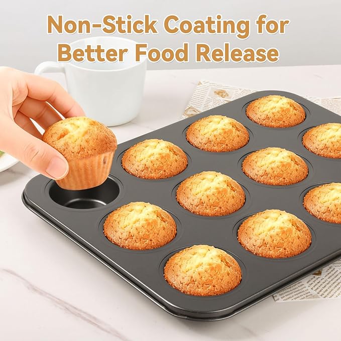 Artcochan 2 Pack Muffin Pan with 100 Cupcake Liners, 12 Cup Nonstick Cupcake Pan for Baking, Carbon Steel Baking Supplies Muffin Tin