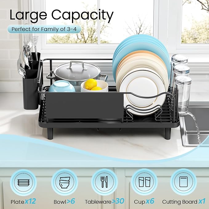 Stainless Steel Dish Drying Rack - Large Capacity Dish Rack for Kitchen Counter with Drain Board, Rustproof Dish Drainer with Drain Spout, Utensil Holder & Glass Holder, Dinnerware Organizer, Black
