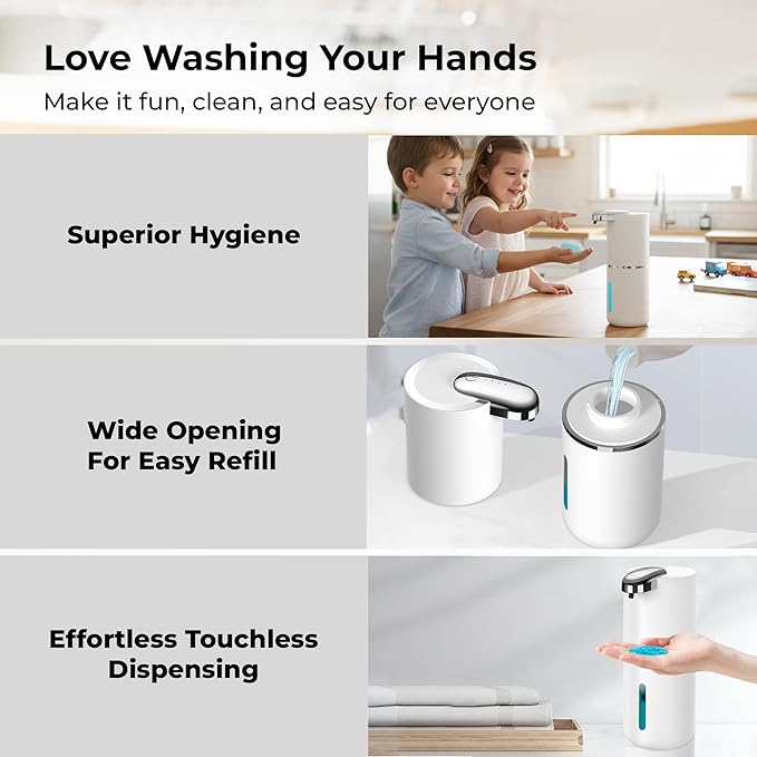 Automatic Touchless Liquid Soap Dispenser (White, 12.8oz) | USB-C Rechargeable, IPX5 Waterproof | Ideal for Bathroom & Kitchen Sink | Wall Mount or Countertop for Hand & Dish Soap