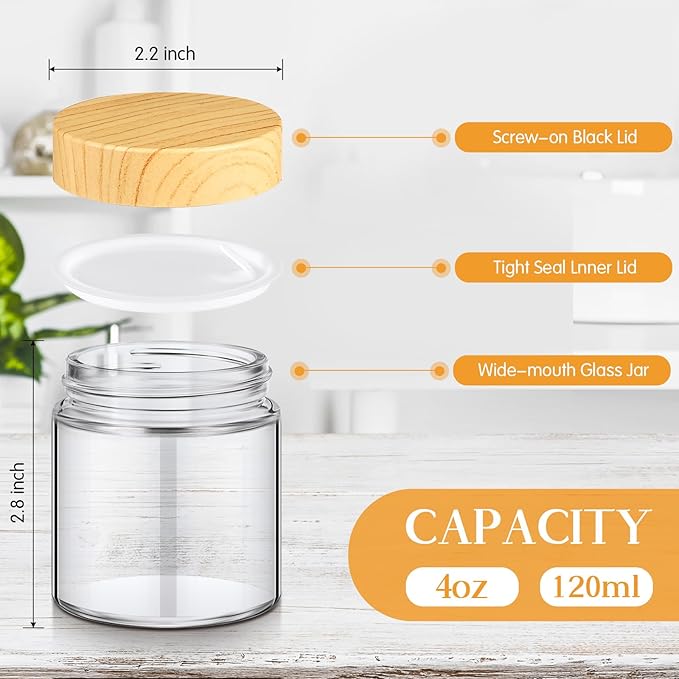 Norme 96 Pcs 4oz Glass Jars with Lids Empty Small Glass Containers and Inner Liners Reusable Cosmetic Jars Round Airtight Bottles with Plastic Wood Grain Lids for Travel Wedding Favors Gifts