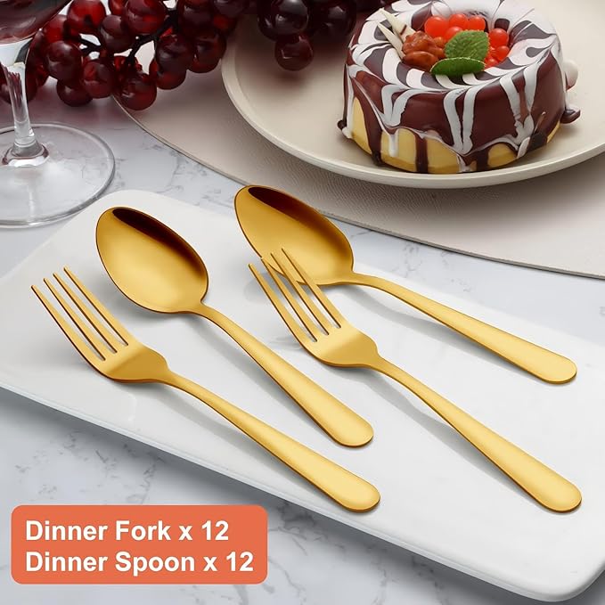 Unokit 24-Piece Spoons and Forks Set Silverware Set - Forks and Spoons Stainless Steel Silverware for Home, Kitchen and Restaurant, 12-Fork and 12-Spoon, Mirror Polished & Dishwasher Safe, Gold