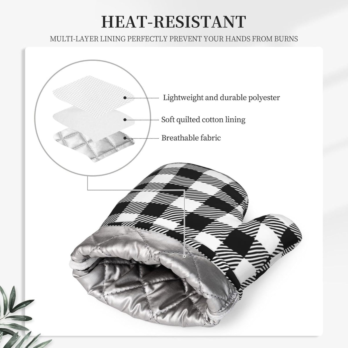 Black Checked Pattern Oven Mitts and Pot Holders Set of 4 Silicone Gingham Plaid Check Black Kitchen Mitten Gloves and Potholders Set Heat Resistant Oven Gloves Hot Holders for Kitchen