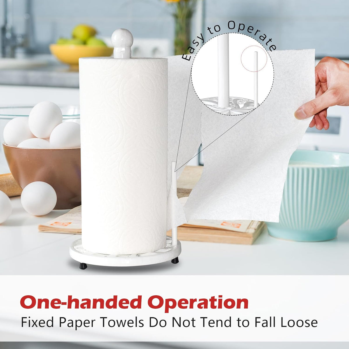 Vintage Paper Towel Holder Countertop - Cast Iron Standing Roll Paper Towel Dispenser with Elegant and Heavy Daffodil Pattern Base for Kitchen Décor, White