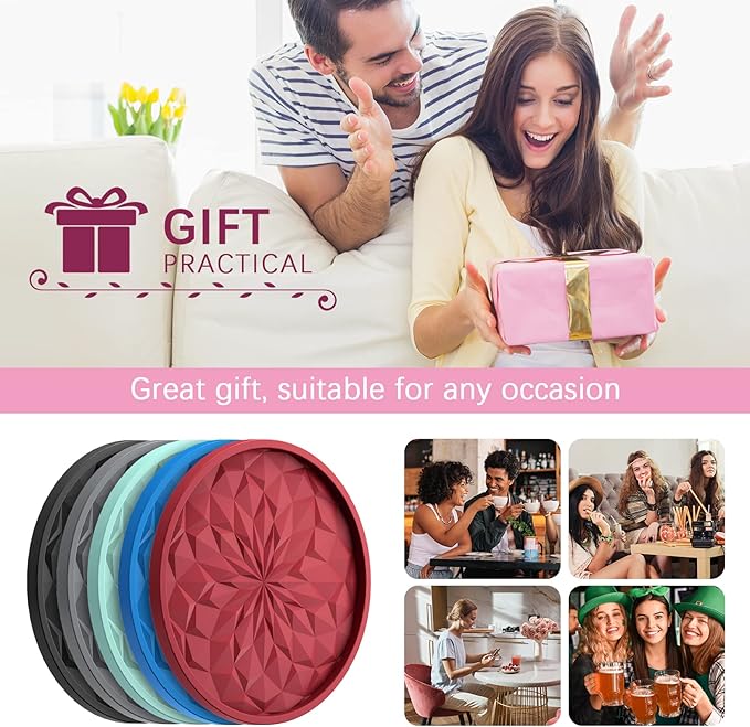 ME.FAN Silicone Coasters with Holder,[6 Pack] Drinking Coasters - Cup Mat for Hot or Cold Drinks, Thickened, Non-Slip, Non-stick,Deep Tray Navy Blue