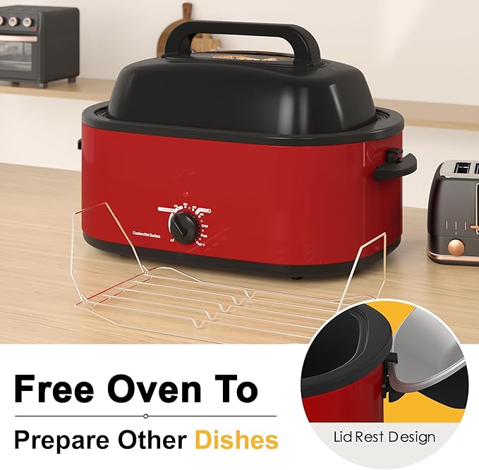 24 Quart Electric Roaster Oven with Visible & Self-Basting Lid, Large Turkey Roaster with Defrost Warm Function, Adjustable Temperature, Removable Pan Rack, Stainless Steel