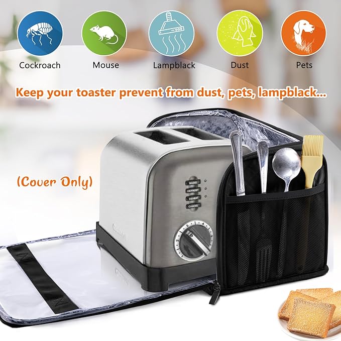 BAGSPRITE Toaster Cover for 2 Slice Wide Slot, Full Open Dust Covers for Kitchen Appliances Compatible with Cuisinart, BELLA, Black and Decker 2 Slices, Toaster Bags with Zipper Closure (Cover Only)