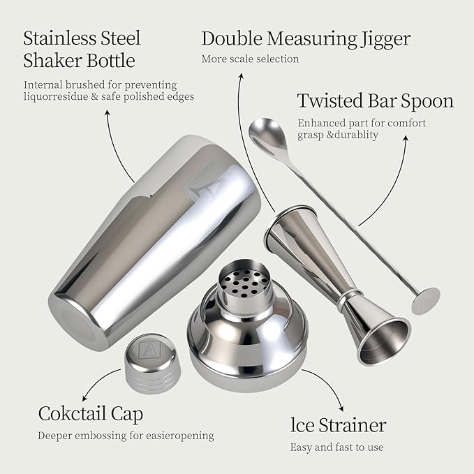 24oz Cocktail Shaker Set with 1 oz 2oz Jigger - Monogramm Initials Martini Shaker Set - 304 Stainless Steel Bar Shaker for Margarita,Mojito-Personalized Gift for Friend,Husband-W