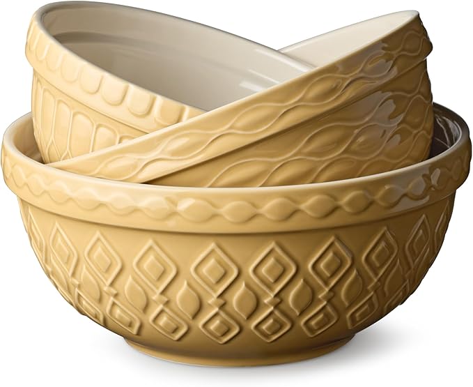 Vintage Farm Stoneware Mixing Bowl Set, 3-Piece, Includes 2 Qt, 3 Qt & 4.25 Qt Bowls, Embossed Patterns in Golden-Honey Finish, Durable & Nesting Design, Perfect for Mixing, Baking & Serving