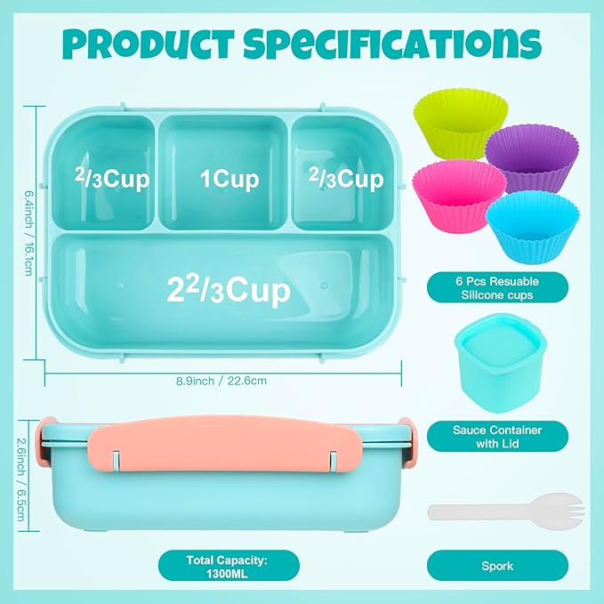 MaMix Bento Lunch Box - Adult & Kids Lunch Containers, 4 Compartment, 1300ML (Pastel Blue)