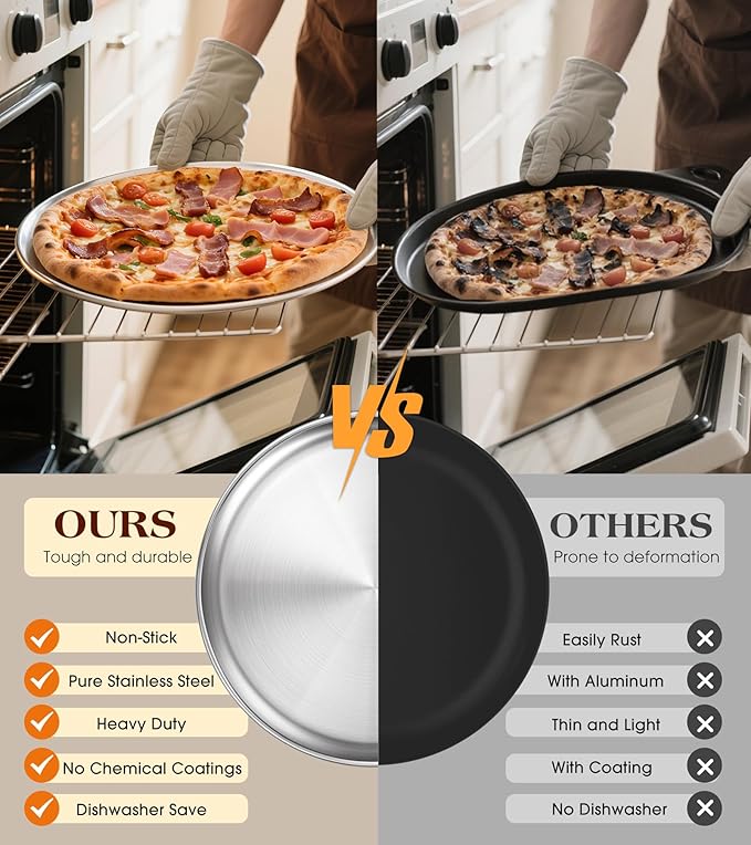 13½ Inch Stainless Steel Pizza Pan Set of 2, Pizza Pan for Oven, Steel Pizza Tray for Baking Cookie Pie Cake, Round Stainless Steel Pizza Plate Pizza Baking Sheet, Easy Clean & Dishwasher Safe
