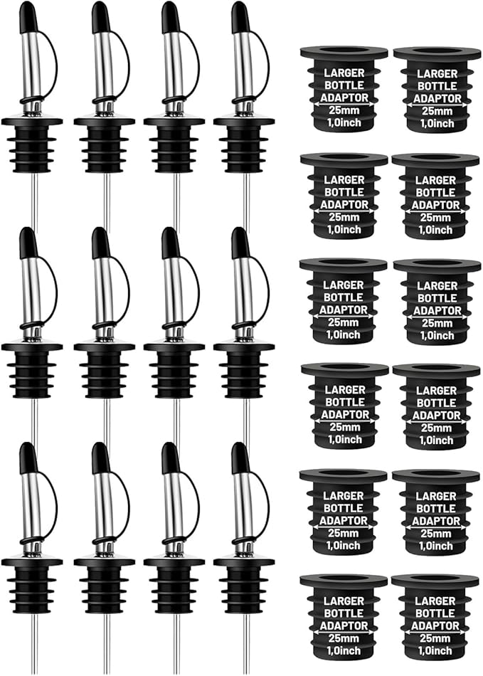 12-Pack Liquor Bottle Pourers with Adapters, Liquor Pour Spout Adapters set for for Large Olive Oil Bottles and Liquor Bottles - Up to 1 Inch/25mm Neck Converts Any Spout into a Large Pour Spout