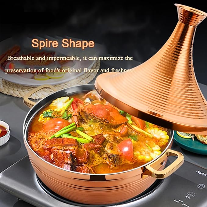 Stainless Steel Moroccan Tagine Pot, Large Moroccan Tajine Casserole with Cone-Shaped Lid, Non Stick Tagine Cooking Pot with 2 Handles(28cm/11in, Silver)