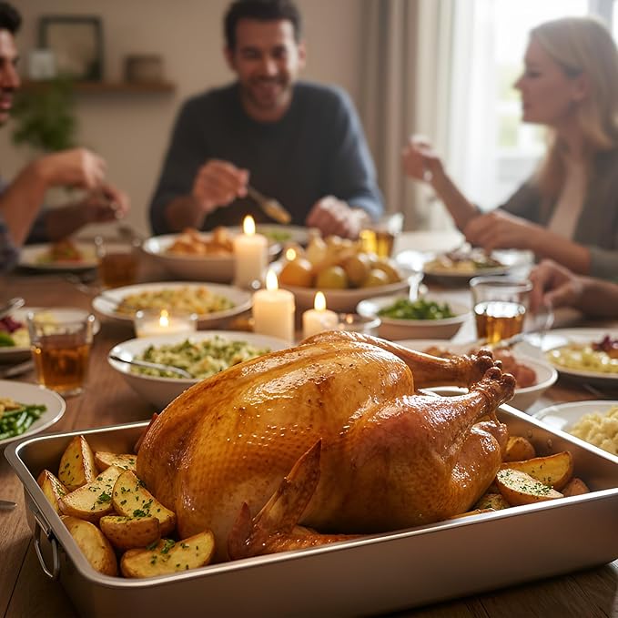 23.5''x15.5''x4''roasting Pan Stainless Steel Turkey Roasting Pan Extra Large Thickened Baking Tray with Handle for Christmas Thanksgiving Oven Turkey Roasts Multilayer Lasagna Baked Goods
