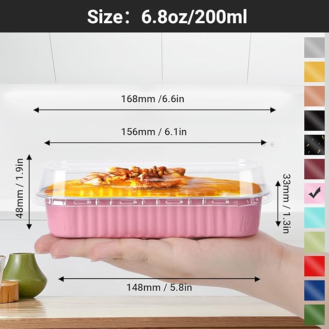 EUSOAR Cupcake Liners with Lids, 25pcs 6.8oz 6.5"x2.5"x1.2" Pink Aluminum Mini Loaf Pans with Lids, Foil Ramekins Pan Tin with Lids，Cupcake Baking Cups Containers, Dessert Cheesecake Pan