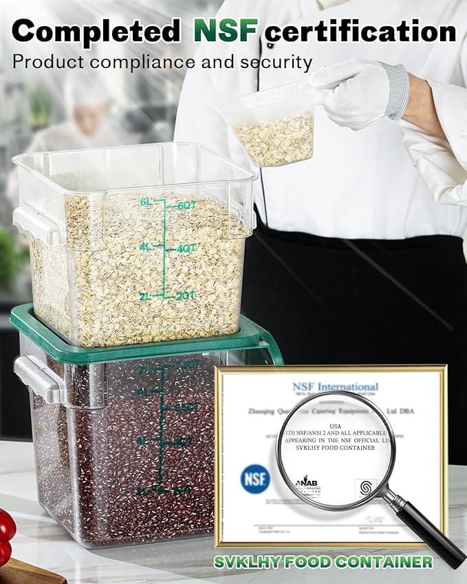 4QT NSF Food Storage Containers: 2 PCS [Food Grade][Hot&Cold Resistant] Commercial Clear Square Food Storage Containers with Scales Handles for Home Restaurant Kitchen Proof Dough(BPA FREE-GREEN)