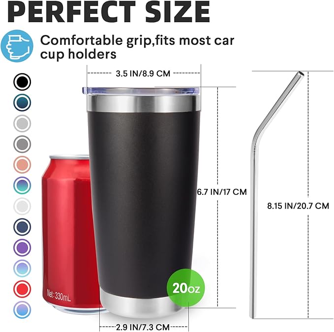 Volhoply 20oz Stainless Steel Tumbler with Lid and Straw Bulk 4 Pack,Double Wall Insulated Travel Iced Coffee Mug Fits Cup holder,Powder Coated Cups for Hot/Cold Drinks,Christmas Gifts（Black,4 Set）